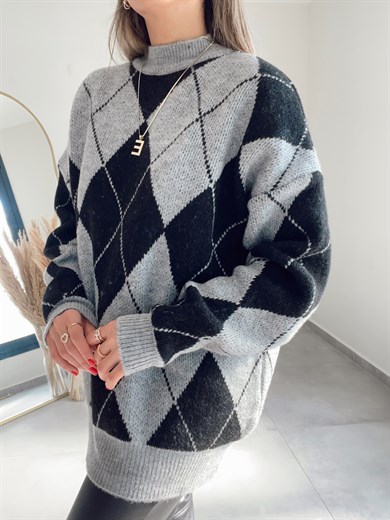 İpek Baklava Kazak Siyah-Gri