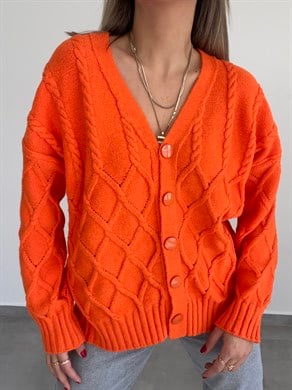 Kabartma Örgü Desenli Turuncu Triko Hırka