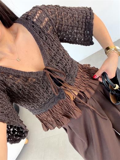 Kahve Ajurlu Dantel Detaylı Triko Bluz