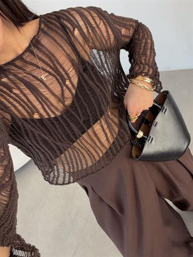 Kahve Ajurlu Triko Bluz