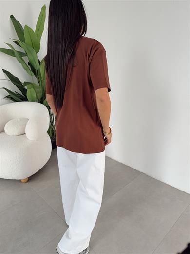 Kahve Ayıcık Baskılı Bisiklet Yaka Tshirt