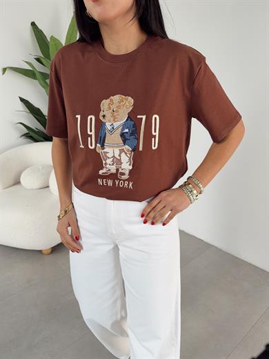 Kahve Ayıcık Baskılı Bisiklet Yaka Tshirt
