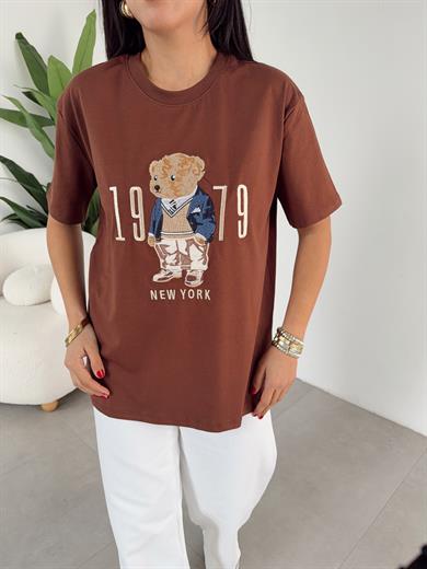 Kahve Ayıcık Baskılı Bisiklet Yaka Tshirt
