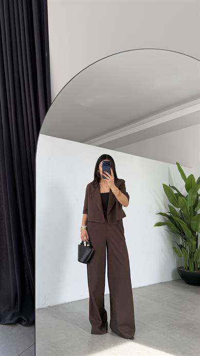 Kahve Bağcıklı Keten Karışımlı Pantolon