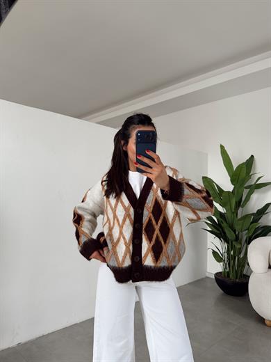 Kahve Baklava Desenli Hırka