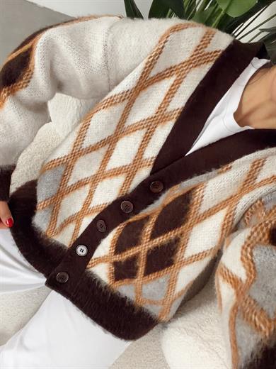 Kahve Baklava Desenli Hırka