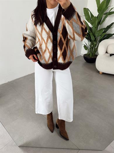 Kahve Baklava Desenli Hırka