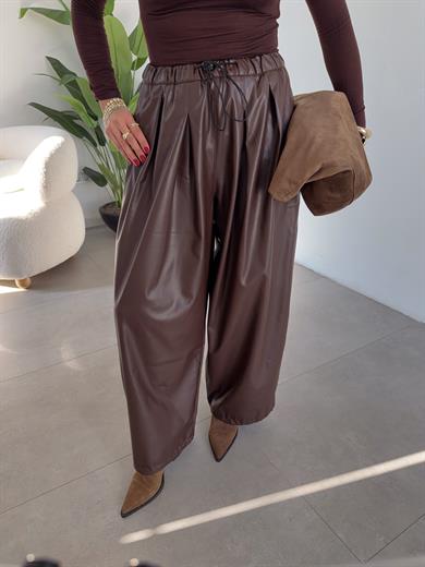Kahve Bel Ve Paça Lastik Detaylı Deri Pantolon