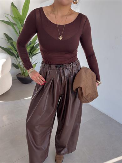 Kahve Bel Ve Paça Lastik Detaylı Deri Pantolon