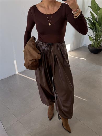 Kahve Bel Ve Paça Lastik Detaylı Deri Pantolon