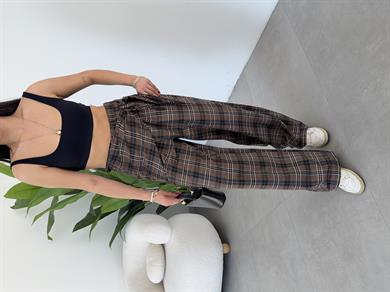 Kahve Beli Kendinden Kuşaklı Ekose Pantolon