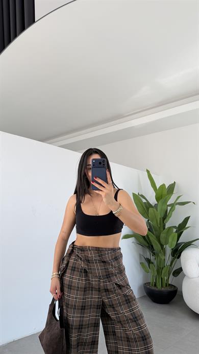 Kahve Beli Kendinden Kuşaklı Ekose Pantolon