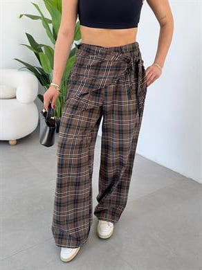 Kahve Beli Kendinden Kuşaklı Ekose Pantolon