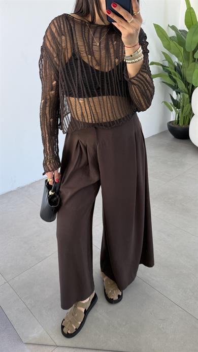 Kahve Beli Lastikli Pareo Pantolon