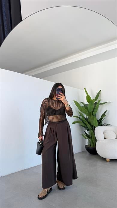 Kahve Beli Lastikli Pareo Pantolon