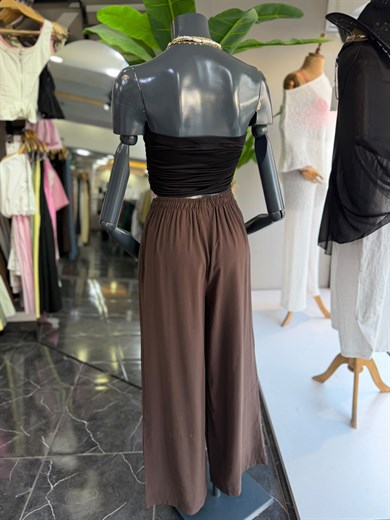 Kahve Beli Lastikli Tencel Pantolon