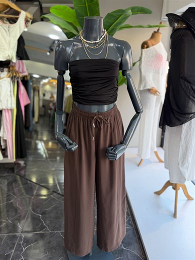 Kahve Beli Lastikli Tencel Pantolon