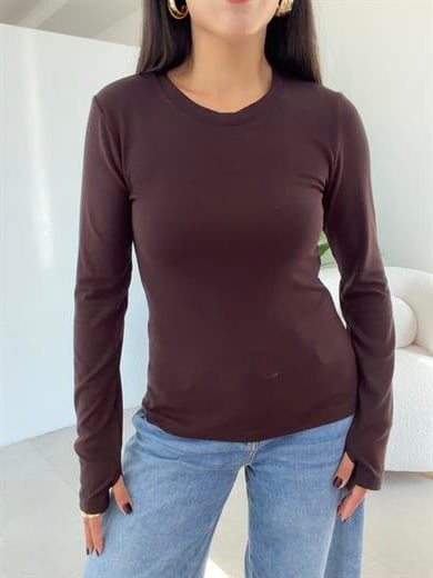 Kahve Beliza Parmak Geçme Bisiklet Yaka Bluz