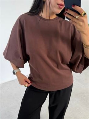 Kahve Bisiklet Yaka Yarasa Kol Bluz