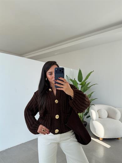 Kahve Bisiklet Yaka Yumuşak Doku Cepli Düğmeli Hırka