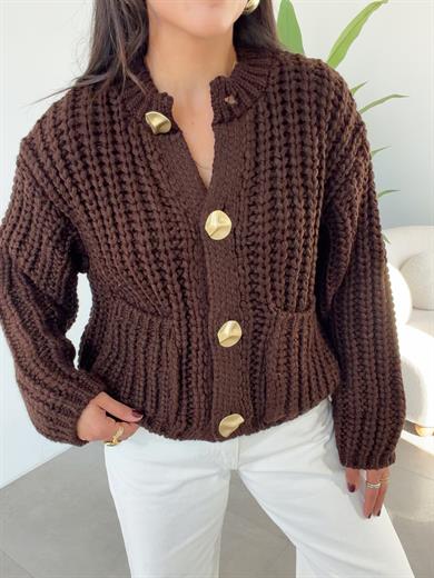 Kahve Bisiklet Yaka Yumuşak Doku Cepli Düğmeli Hırka