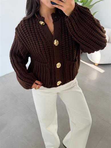 Kahve Bisiklet Yaka Yumuşak Doku Cepli Düğmeli Hırka