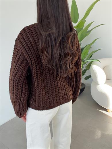 Kahve Bisiklet Yaka Yumuşak Doku Cepli Düğmeli Hırka