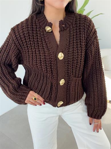 Kahve Bisiklet Yaka Yumuşak Doku Cepli Düğmeli Hırka