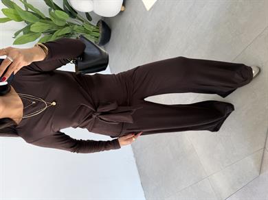 Kahve Buzy Bel Bağlamalı Bluz Pantolon Takım