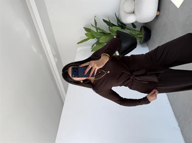 Kahve Buzy Bel Bağlamalı Bluz Pantolon Takım