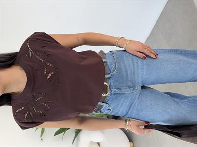 Kahve Cutwork Nakış Detaylı Tshirt