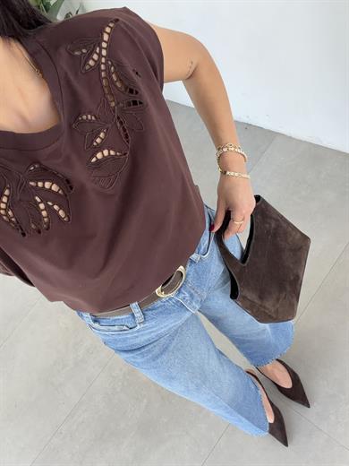 Kahve Cutwork Nakış Detaylı Tshirt