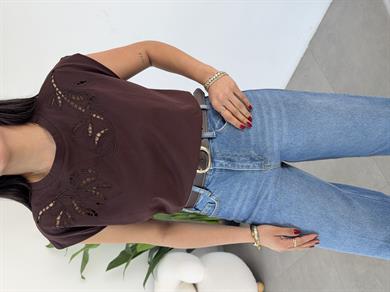 Kahve Cutwork Nakış Detaylı Tshirt