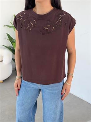 Kahve Cutwork Nakış Detaylı Tshirt