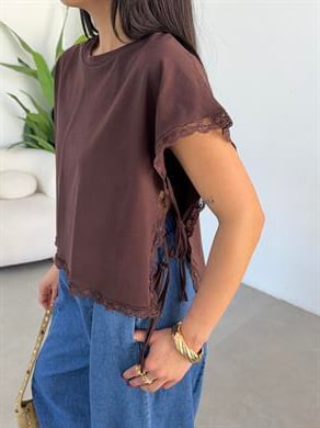 Kahve Dantel Detaylı Pamuklu Tshirt