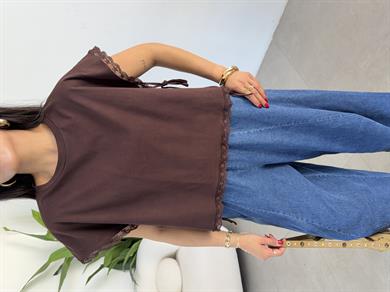 Kahve Dantel Detaylı Pamuklu Tshirt