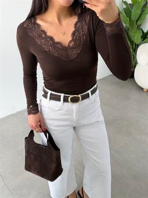 Kahve Dantel Detaylı V Yaka Bluz