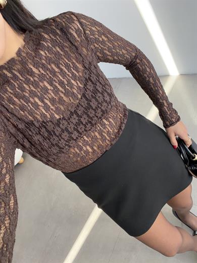 Kahve Dantel Transparan Bluz