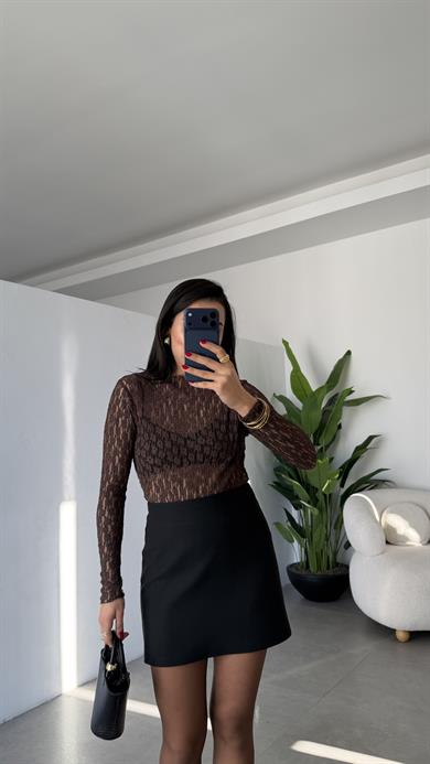 Kahve Dantel Transparan Bluz