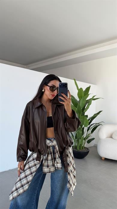 Kahve Deri Kemerli Bomber Ceket