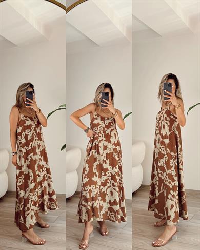 Kahve Desenli Askılı Elbise