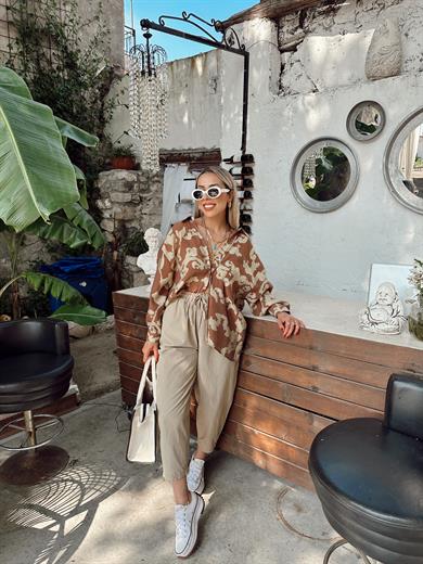 Kahve Desenli Düşük Omuz Gömlek