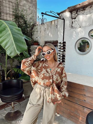 Kahve Desenli Düşük Omuz Gömlek