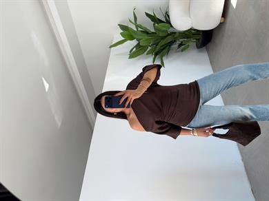 Kahve Drape Detaylı Asimetrik Bluz