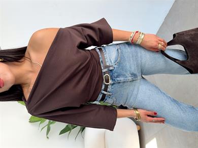 Kahve Drape Detaylı Asimetrik Bluz