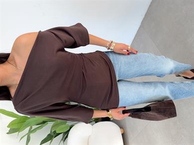 Kahve Drape Detaylı Asimetrik Bluz