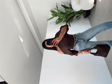 Kahve Drape Detaylı Asimetrik Bluz