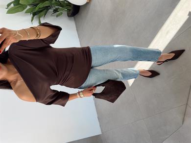 Kahve Drape Detaylı Asimetrik Bluz