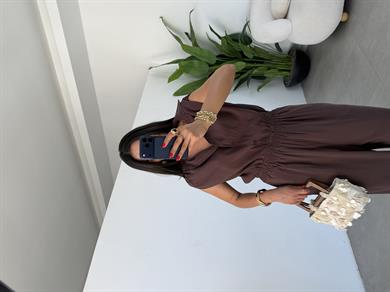 Kahve Düşük Kollu Omzu Büzgülü Bol Paçalı Tulum