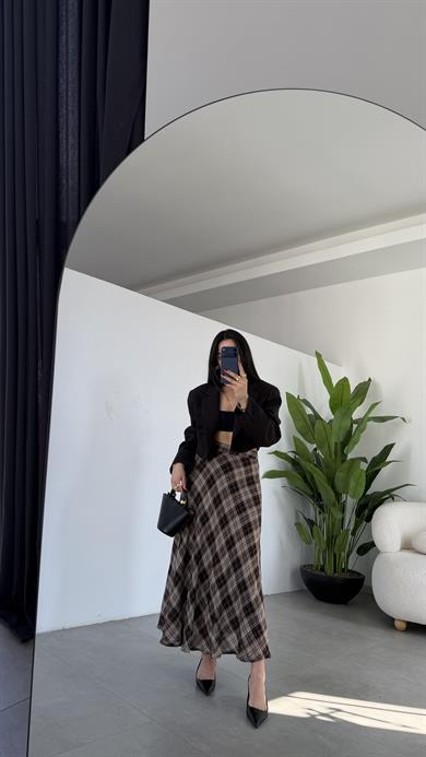 Kahve Ekose Desen Klos Etek